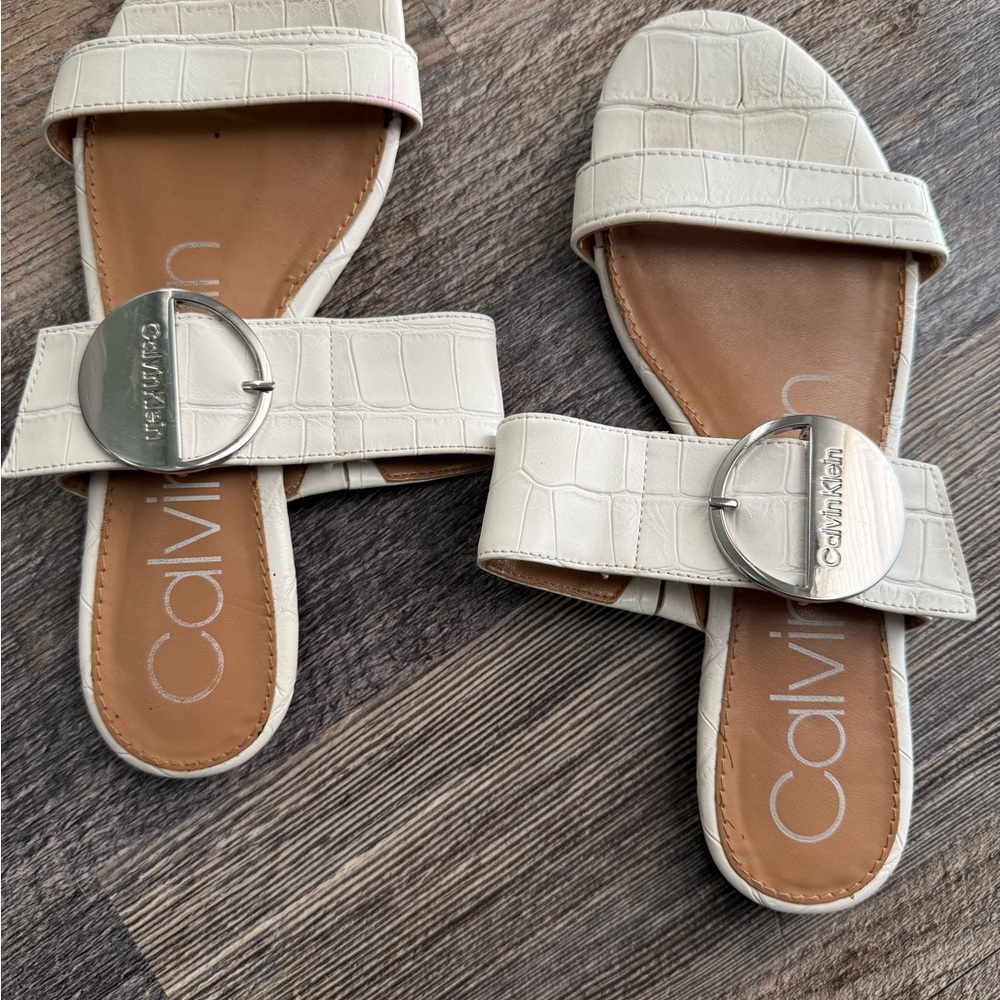 Calvin Klein Women's White Sandals with Silver Buckle